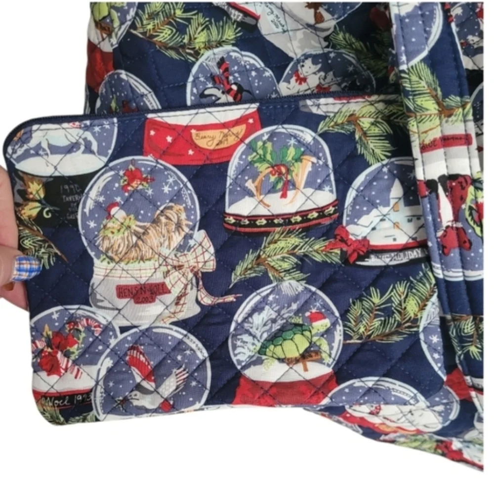 NWT Vera Bradley Winter Snow Globe Blue White Red Quilted Tote and Makeup Bag